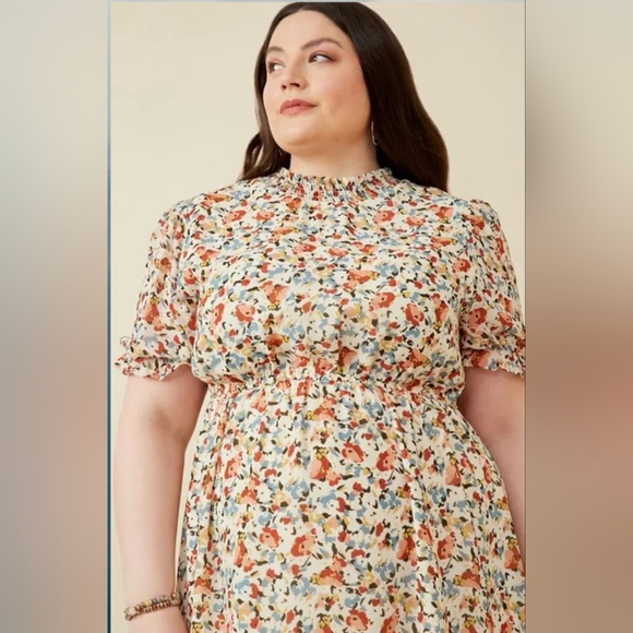 NWT Hayden The Becca Off White Floral Smocked Neck Midi Dress Modest 1XL Cream - Picture 2 of 10